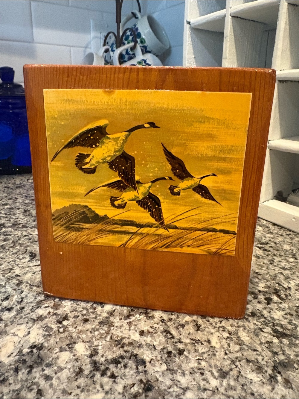 Vintage Single Wooden Bookend with Flying Geese